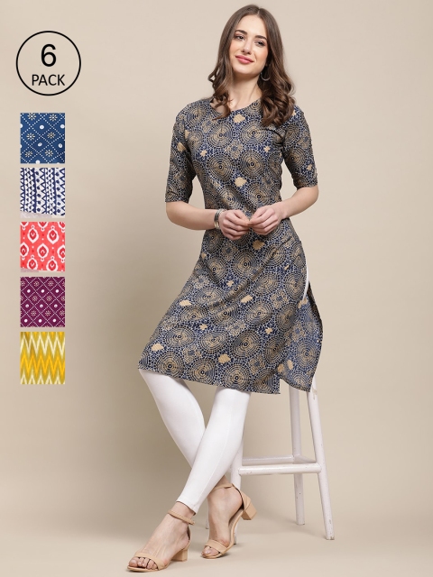 

KALINI Women Pack of 6 Navy Blue & Purple Ethnic Motifs Printed Crepe Kurta