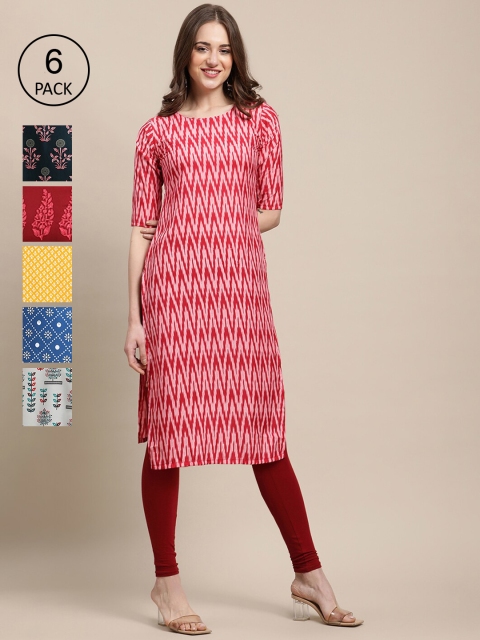 

KALINI Women Pack of 6 Printed Crepe Kurta, Yellow