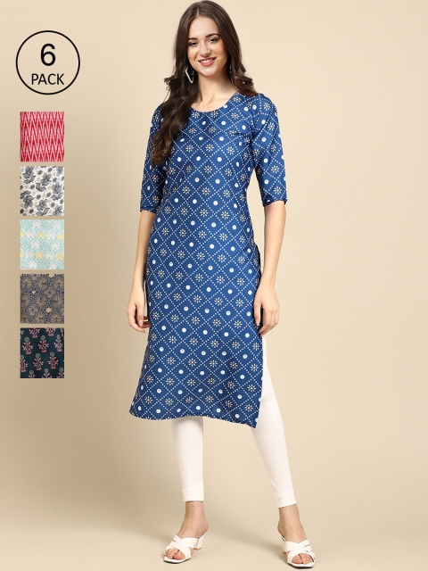 

KALINI Pack Of 6 Women Printed Straight Crepe Kurta, Blue