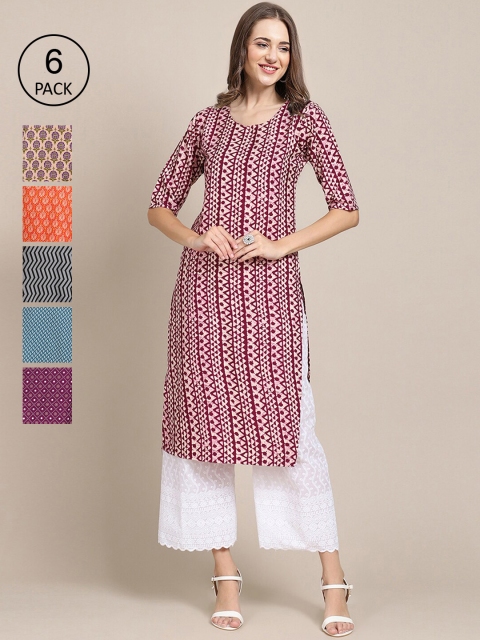 

KALINI Women Pack of 6 Digital Printed Crepe Straight Kurtas, Red