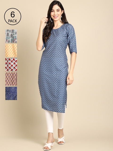 

KALINI Women Pack of 6 Blue & Yellow Ethnic Motifs Printed Crepe Kurta