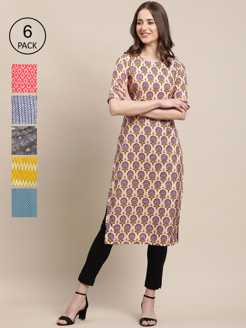 

KALINI Women Pack Of 6 Printed Crepe Kurta, Multi