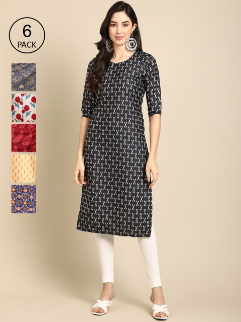 

KALINI Women Pack of 6 Printed Crepe Kurta, Black