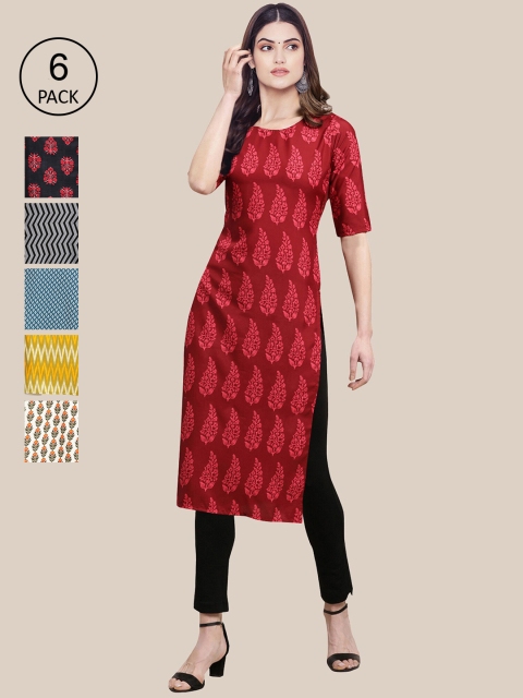 

KALINI Women Pack Of 6 Geometric Printed Crepe Kurta, Red