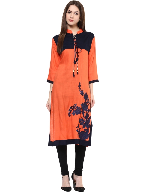 

Get Glamr Women Orange Embroidered Detail Straight Kurta