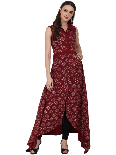 

Nayo Women Maroon & Off-White Printed A-Line Asymmetric Kurta