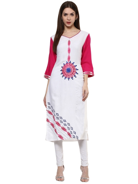 

Get Glamr Women White Embroidered Straight Kurta