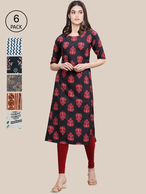

KALINI Women Pack Of 6 Multicoloured Ethnic Motifs Printed Crepe Kurta, Multi