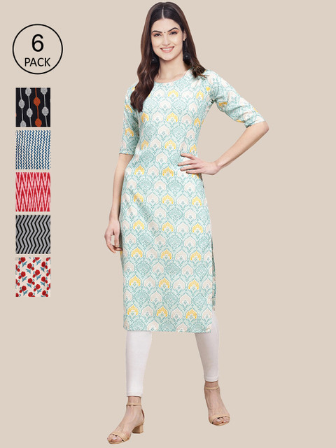 

KALINI Women Multicoloured Pack Of 6 Geometric Printed Crepe Kurta, Multi