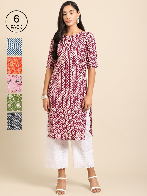 

KALINI Women Pack Of 6 Geometric Printed Summer Sheers Crepe Kurtas, Purple