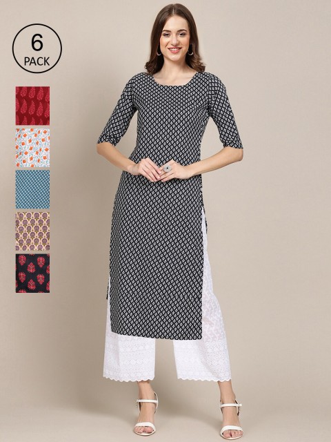 

KALINI Women Pack of 6 Digital Printed Crepe Straight Kurtas, Black