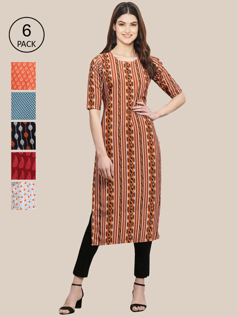 

KALINI Women Set Of 6 Red & Blue Ethnic Motifs Printed Crepe Kurta