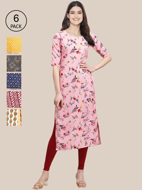 

KALINI Women Pack Of 6 Geometric Striped Thread Work Crepe Kurta, Multi