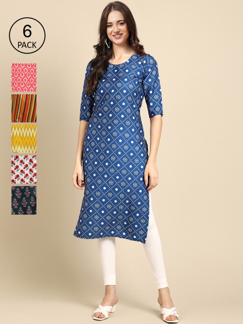 

KALINI Women Pack of 6 Printed Crepe Kurtas, Blue