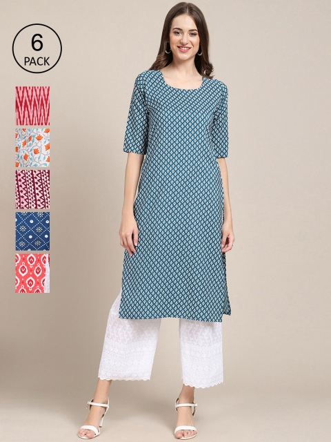 

KALINI Women Pack of 6 Summer Sheers Crepe Kurta, Blue