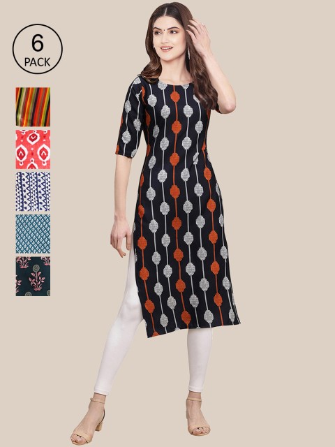 

KALINI Women Pack Of 6 Multicoloured Ethnic Motifs Printed Crepe Kurta, Multi