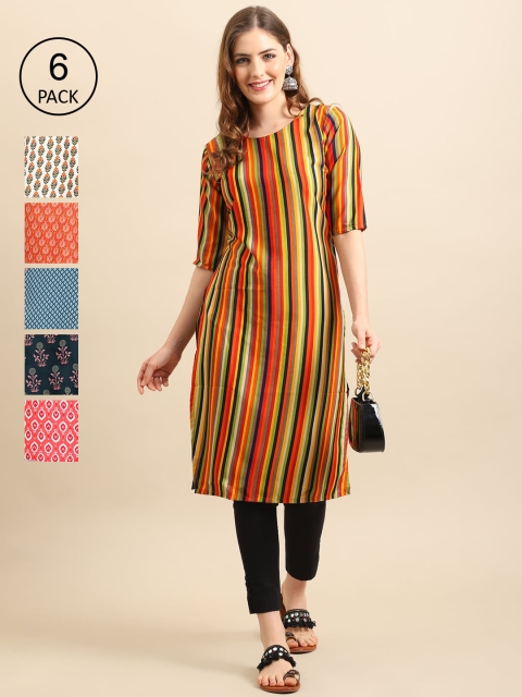 

KALINI Pack of 6 Women Mustard Yellow & Orange Geometric Striped Summer Sheers Crepe Kurta