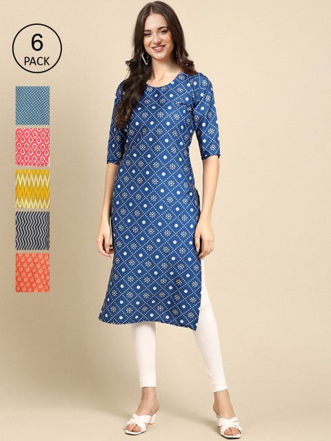

KALINI Women Multicoloured Pack of 6 Digital Printed Straight Kurta, Multi