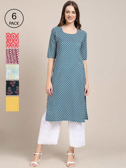 

KALINI Women Pack of 6 Ethnic Motifs Printed Crepe Kurta, Blue