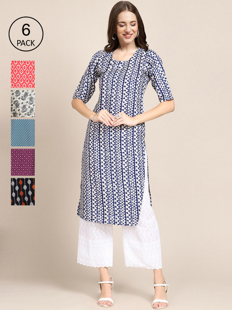 

KALINI Pack of 6 Women Off White & Magenta Floral Printed Summer Sheers Crepe Kurta