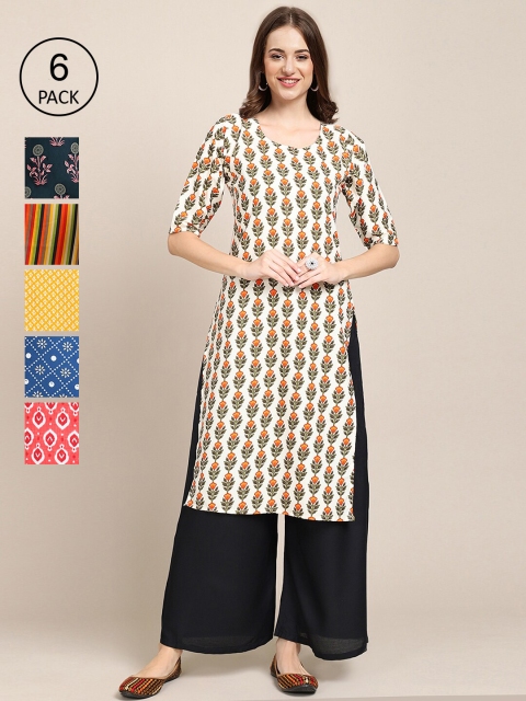 

KALINI Women Multicoloured Pack Of 6 Ethnic Motifs Printed Crepe Kurta, Multi