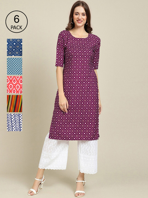 

KALINI Women Pack of 6 Printed Crepe Kurtas, Multi