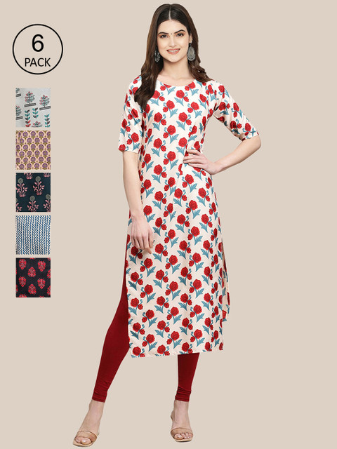 

KALINI Women Pack of 6 Ethnic Motifs Printed Crepe Kurta, Multi