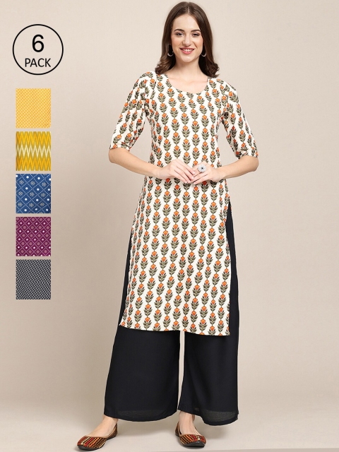 

KALINI Women Pack Of 6 Printed Summer Sheers Crepe Kurta, Cream