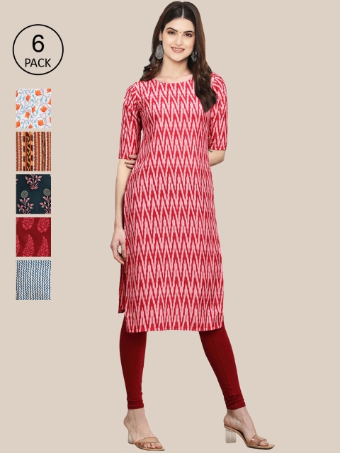 

KALINI Women Pack Of 6 Ethnic Motifs Printed Crepe Kurta, Red