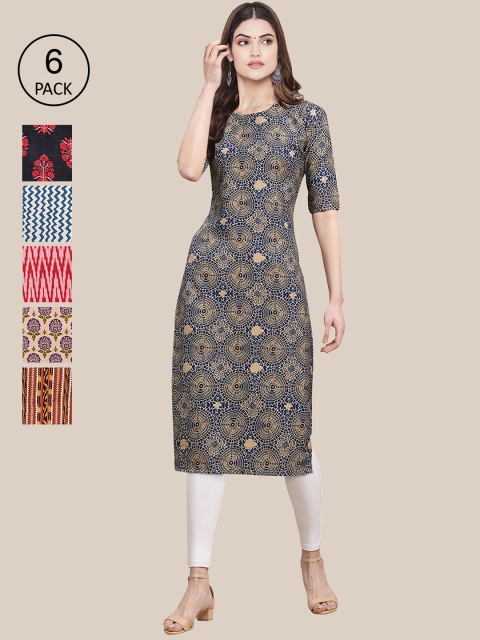 

KALINI Women Set Of 6 Pink & Blue Floral Printed Crepe Kurta