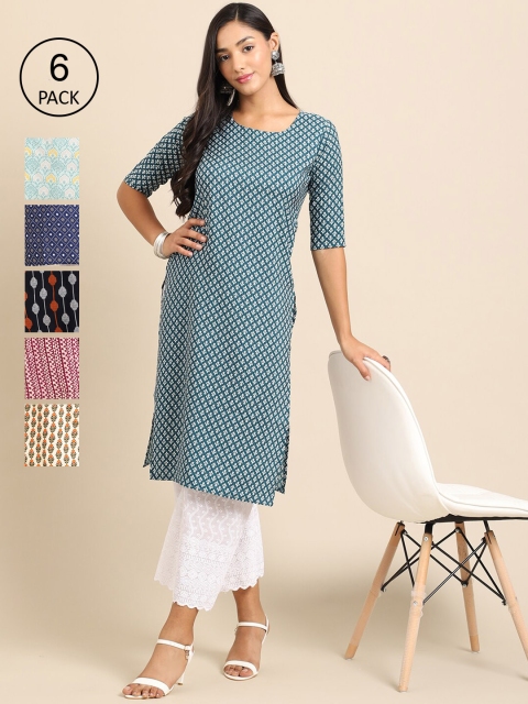 

KALINI Women Pack Of 6 Geometric Printed Summer Sheers Crepe Kurtas, Green