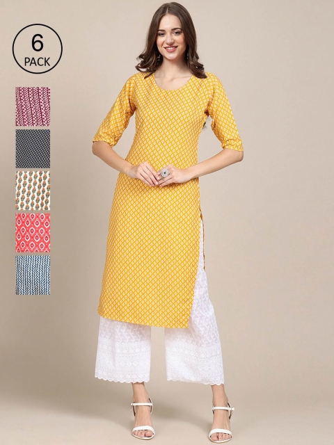 

KALINI Pack of 6 Women Yellow & Black Floral Printed Summer Sheers Crepe Kurta