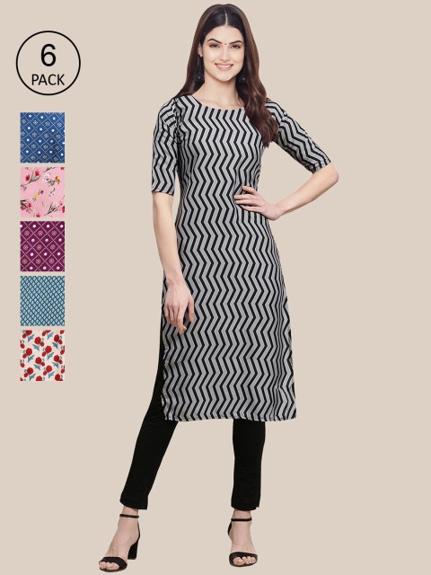 

KALINI Women Multicoloured Pack Of 6 Geometric Printed Crepe Kurta, Multi