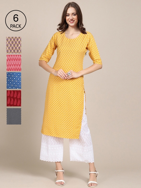 

KALINI Women Pack Of 6 Geometric Striped Thread Work Crepe Kurta, Multi