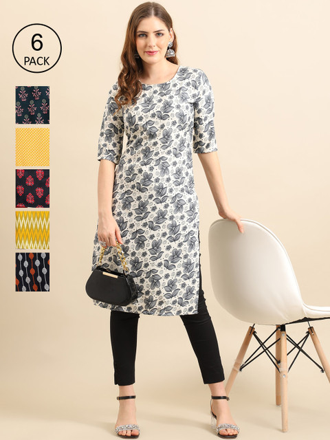 

KALINI 6 Women Multicoloured Floral Printed Mirror Work Summer Sheers Crepe Kurta, Multi