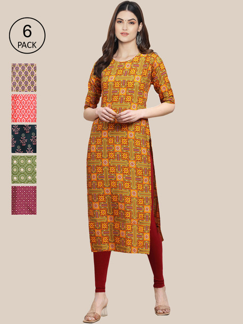 

KALINI Women Pack Of 6 Multicoloured Geometric Printed Crepe Kurta, Multi