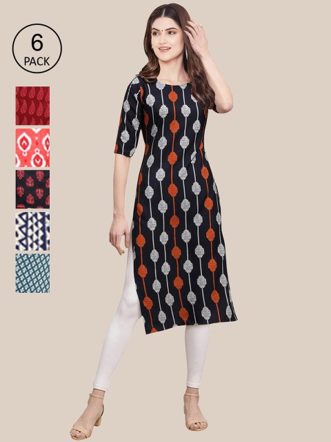 

KALINI Women Pack Of 6 Printed Crepe Kurta, Black