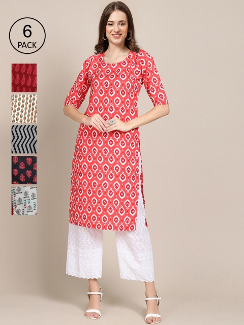 

KALINI Women Pack of 6 Floral Printed Summer Sheers Crepe Kurta, White