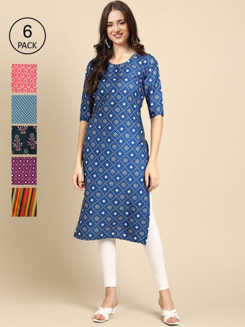 

KALINI Women Pack of 6 Digital Printed Crepe Straight Kurtas, Blue