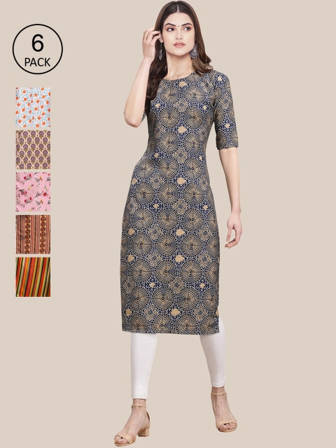 

KALINI Women Pack of 6 Digital Printed Crepe Straight Kurtas, Beige