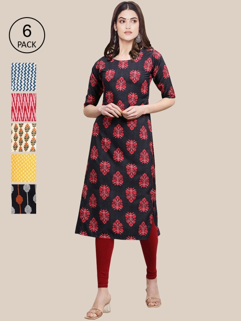 

KALINI Women Pack of 6 Summer Sheers Crepe Kurta, Yellow