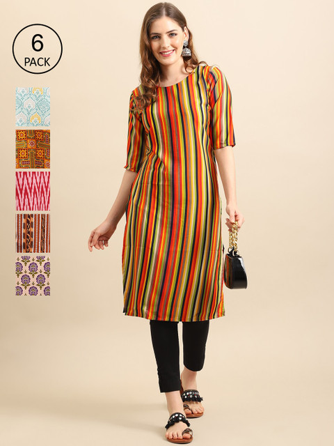 

KALINI Women Multicoloured Pack Of 6 Ethnic Motifs Printed Crepe Kurta, Multi