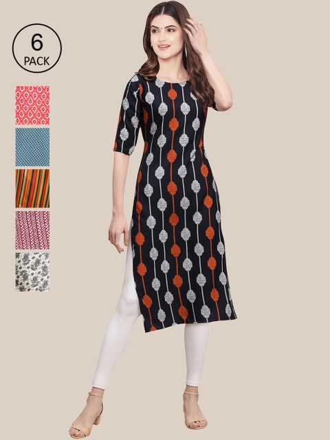 

KALINI Women Pack Of 6 Ethnic Motifs Printed Crepe Kurta, Black