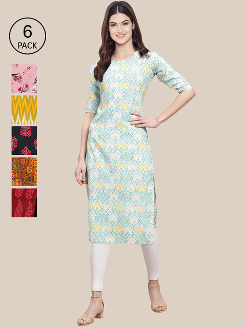 

KALINI Women Pack Of 6 Printed Crepe Straight Kurta, Mustard