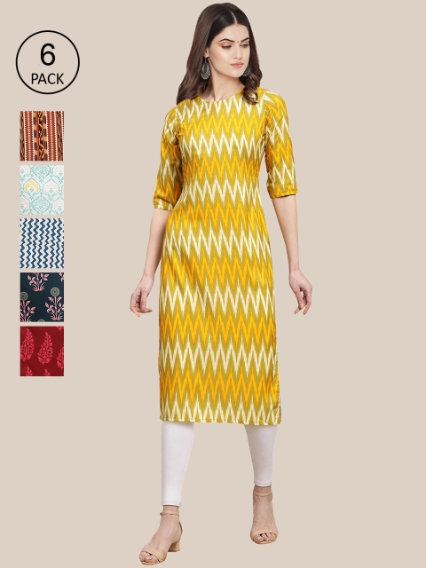 KALINI Women Pack Of 6 Multicoloured Printed Crepe Kurta, Multi