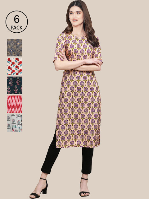 

KALINI Women Pack Of 6 Multicoloured Geometric Crepe Kurta, Multi