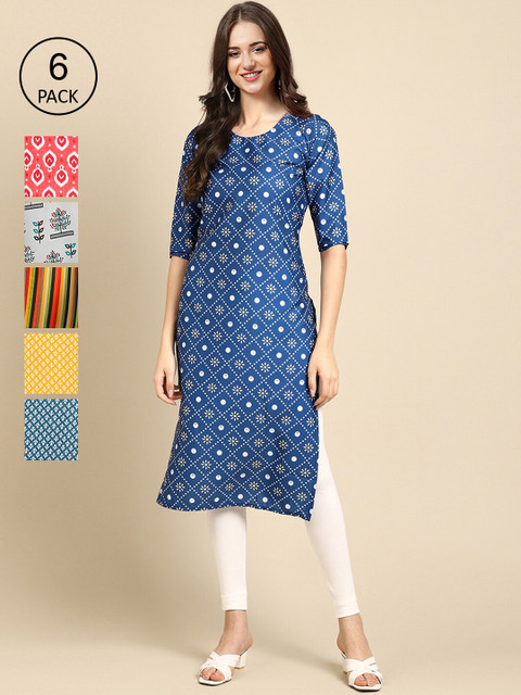 

KALINI Women Multicoloured Digital Printed Straight Kurta Pack of 6 Crepe Kurta, Multi