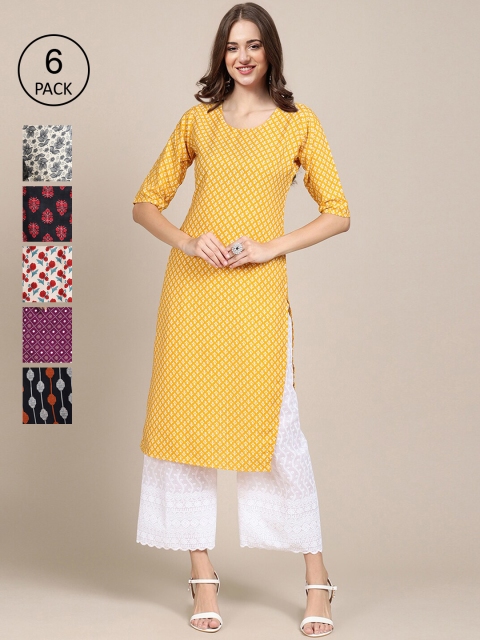 

KALINI Women Yellow & Black Pack Of 6 Geometric Printed Summer Sheers Crepe Kurta