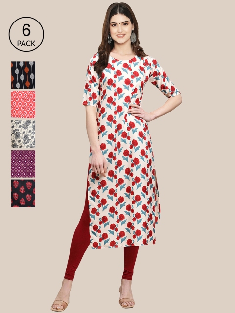 

KALINI Women Pack of 6 Printed Crepe Kurtas, Multi