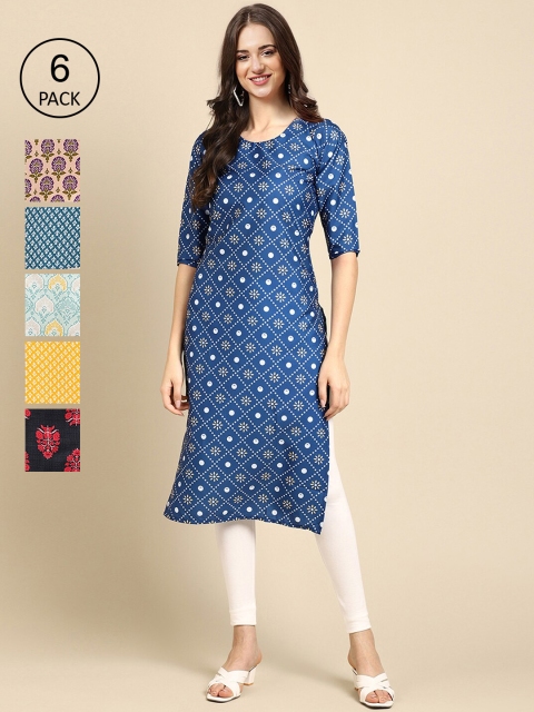 

KALINI Women Pack Of 6 Ethnic Motifs Printed Crepe Kurta, Black